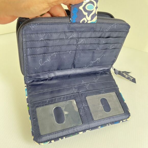 VERA BRADLEY Turnlock Wallet RIFD Pattern Blue Ink Zip Around Large Quilted - Picture 10 of 13